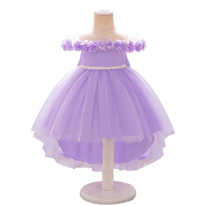 子供ドレス キッズ ベビー 礼服 プリンセス ロング トレーン リボン チュール メッシュ ふんわり アップリケ フラワーガール 結婚式 発表会 パーティー Aライン ノースリーブ コットン ホワイト ピンク イエロー