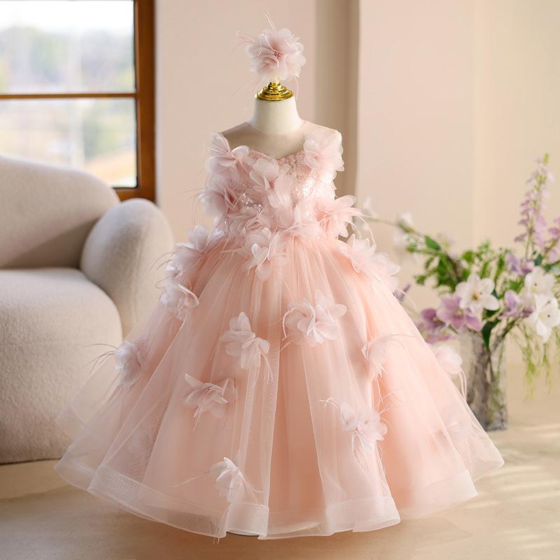 ドレス 女の子 キッズ フォーマル ワンピース 発表会 結婚式 誕生日 プリンセス 高級感 ロング丈 フレア リボン レース チュール ピンク かわいい ジュニア 100 110 120 130 140 150 160