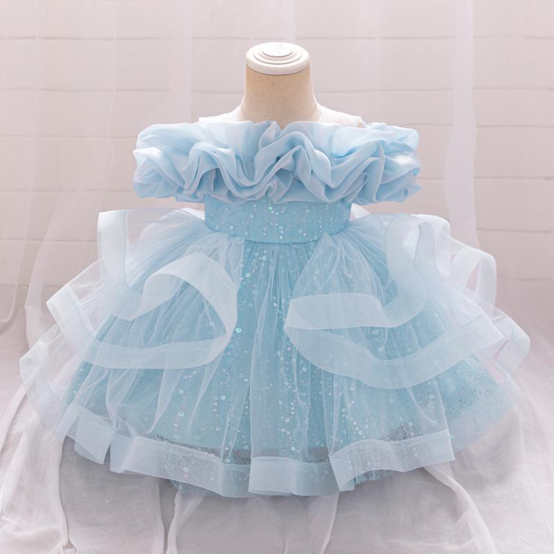 ドレス 女の子 キッズ ベビー プリンセス オフショルダー チュール ピアノ 発表会 結婚式 パーティー フォーマル ワンピース 膝丈 ふんわり リボン 綿 混紡 スカイブルー ピンク シャンパン 春夏 おしゃれ かわいい 透け感