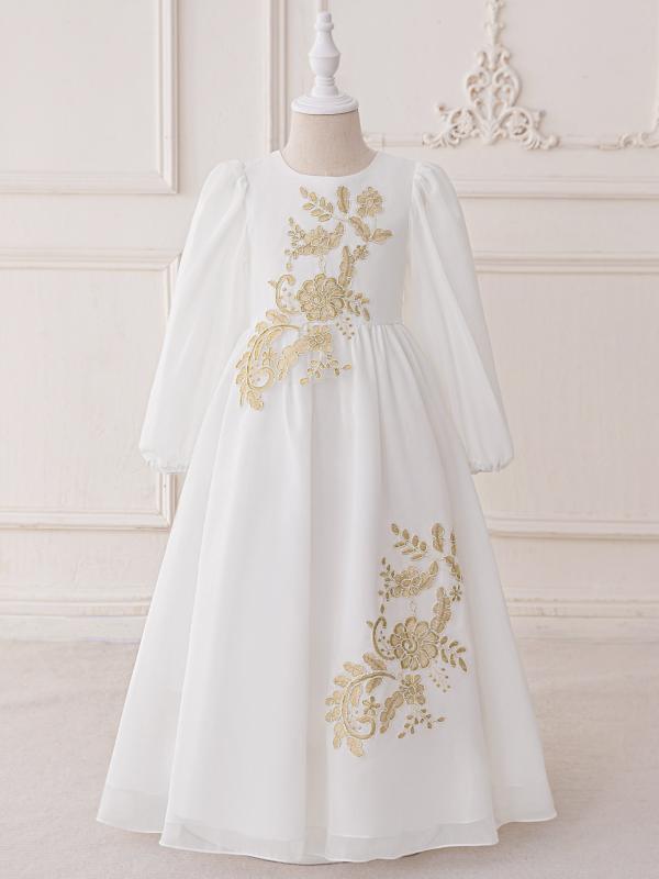 ドレス 女の子 キッズ 子供服 ワンピース フォーマル プリンセス チュール メッシュ 刺繍 金糸 レース 長袖 発表会 結婚式 パーティー 高級感 華やか かわいい ホワイト 欧米風 ボヘミアン 春夏 綿混 ロング丈