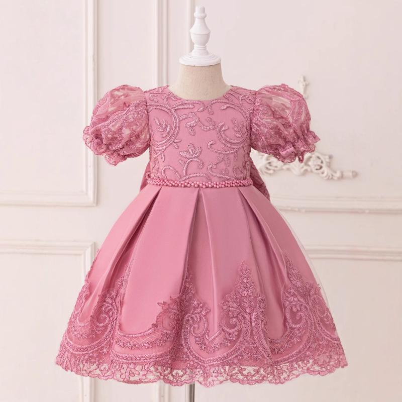 ドレス 女の子 キッズ 子供服 プリンセス ワンピース フォーマル レース 刺繍 結婚式 発表会 誕生日 かわいい 高級感 膝丈 フレア Aライン 裏地 コットン混 ホワイト ピンク