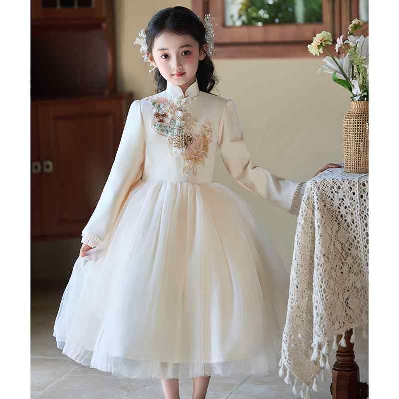 ドレス 女の子 子供 キッズ ジュニア 礼服 ワンピース プリンセス チュール シャンパン スタンドカラー チャイナドレス風 中華風 上品 高級感 発表会 演奏会 ピアノ フォーマル 春夏 かわいい おしゃれ