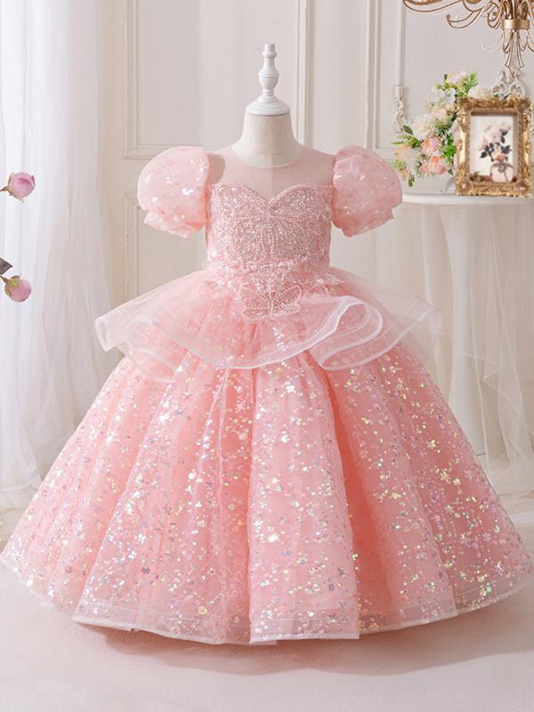 ドレス 女の子 春夏 ピアノ発表会 ステージ衣装 誕生日 プリンセス チュール かわいい 高級感 フォーマル ワンピース ピンク ホワイト ノースリーブ お姫様 膝丈 上品 エレガント シアー 刺繍 フリル レース