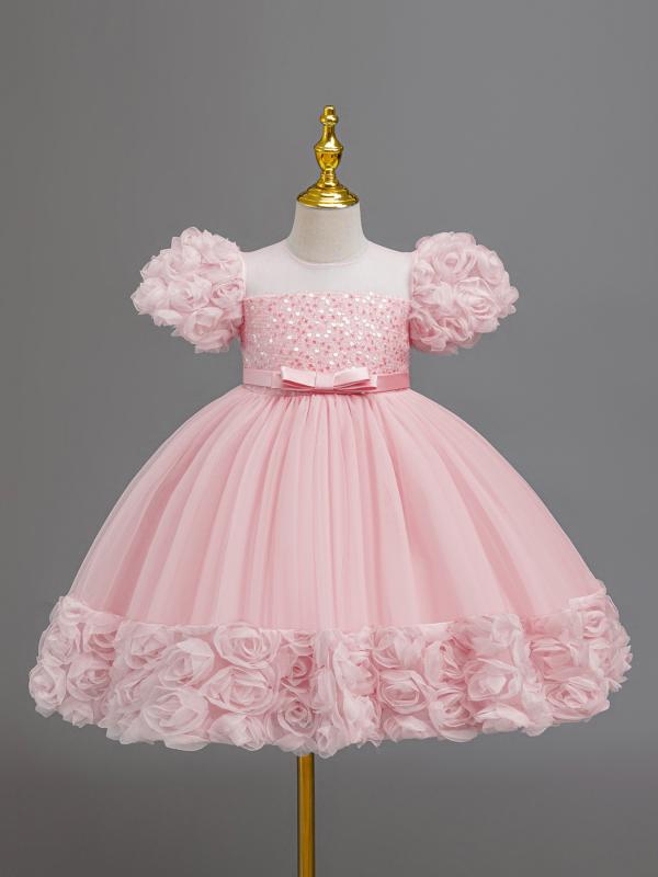 ワンピース 女の子 キッズ ドレス フォーマル 発表会 結婚式 誕生日 プリンセス ふんわり チュール レース パフスリーブ バルーン袖 膝丈 ピンク ブルー かわいい 高級感 華やか 上品 透け感なし 裏地あり