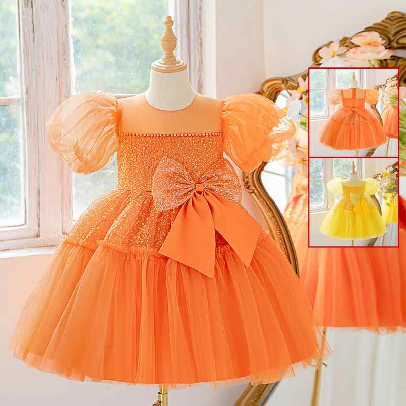 ドレス 子供 女の子 ワンピース 結婚式 発表会 披露宴 礼服 衣装 プリンセス チュール パフスリーブ リボン 高級感 フォーマル パーティー ステージ かわいい オレンジ イエロー 綿混 裏地綿 Aライン フレア 膝丈 上品 4,642円
