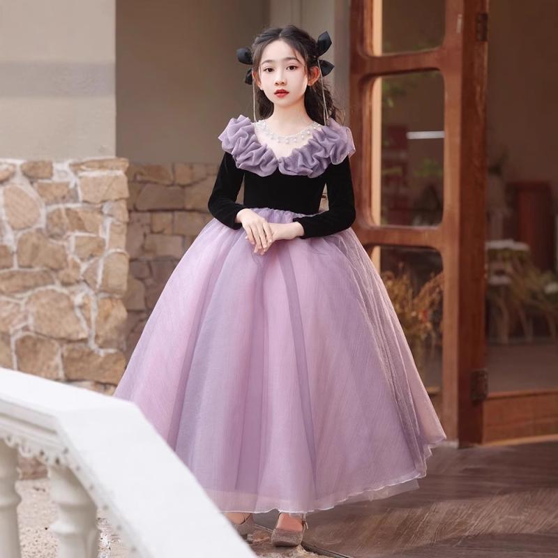 ドレス 女の子 ワンピース 子供服 キッズ 発表会 結婚式 誕生日 紫 パープル バイオレット 長袖 チュール プリンセス フォーマル 上品 高級感 かわいい 膝丈 フレア 華やか 衣装 ポリエステル 裏地あり