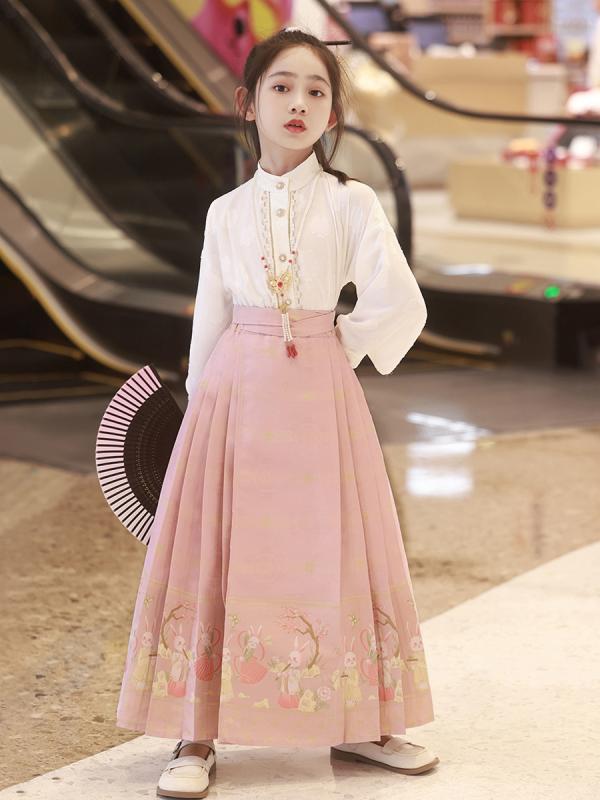 セットアップ 女の子 キッズ 漢服 チャイナ風 民族衣装 長袖 ブラウス ピンク 刺繍 柄 結婚式 発表会 七五三 柔らかい 高級感 華やか かわいい おしゃれ 春夏 ロング丈 プリーツスカート