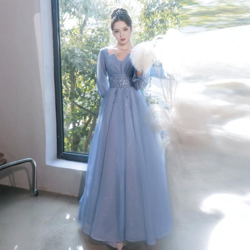 ロングドレス レディース パーティー イブニング 演奏会 発表会 結婚式 長袖 マキシ丈 ハイウエスト フレンチスタイル エレガント 高級感 上品 大人 春夏 グレーブルー ピンク ポリエステル 裏地あり 透け感なし フォーマル