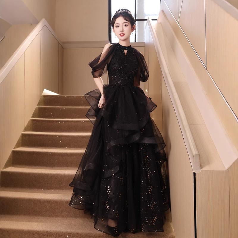 ドレス レディース 黒 演奏会 結婚式 パーティー 春夏 ワンピース 礼服 フォーマル イブニング ノースリーブ ハイウエスト プリンセス マキシ丈 無地 ポリエステル 高級感 エレガント 大人 上品 高見え Aライン