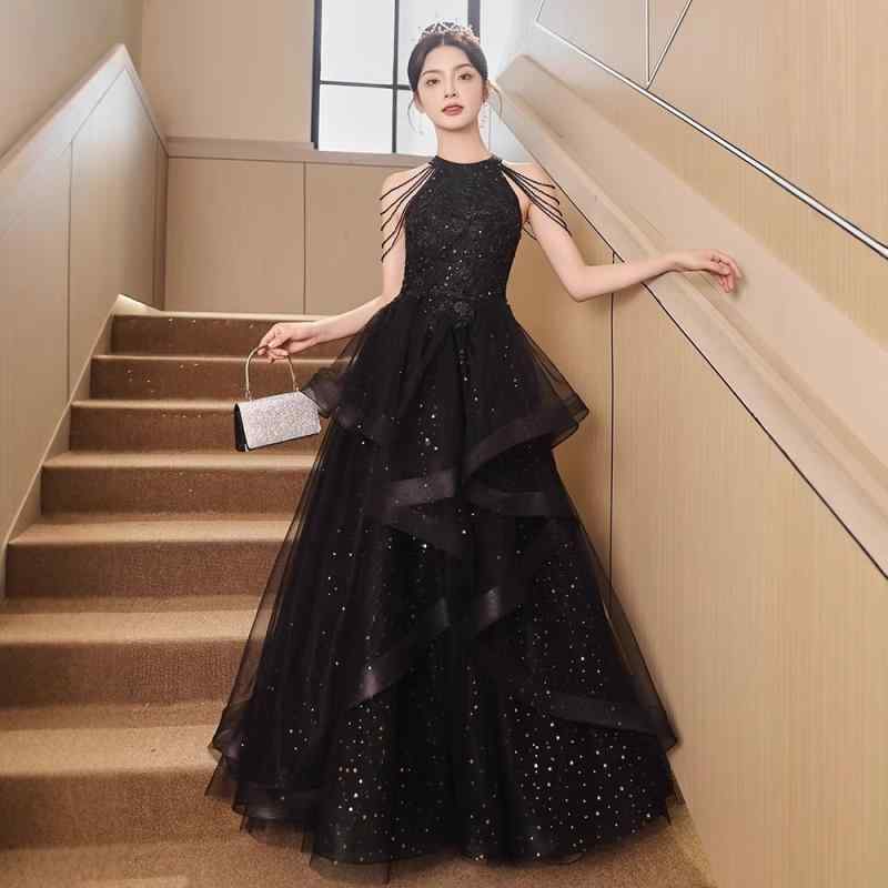 ロングドレス レディース ブラック 黒 パーティー 演奏会 結婚式 ワンピース フォーマル 上品 高級感 エレガント ノースリーブ ハイウエスト Aライン プリンセスシルエット ポリエステル 無地 シンプル 春夏