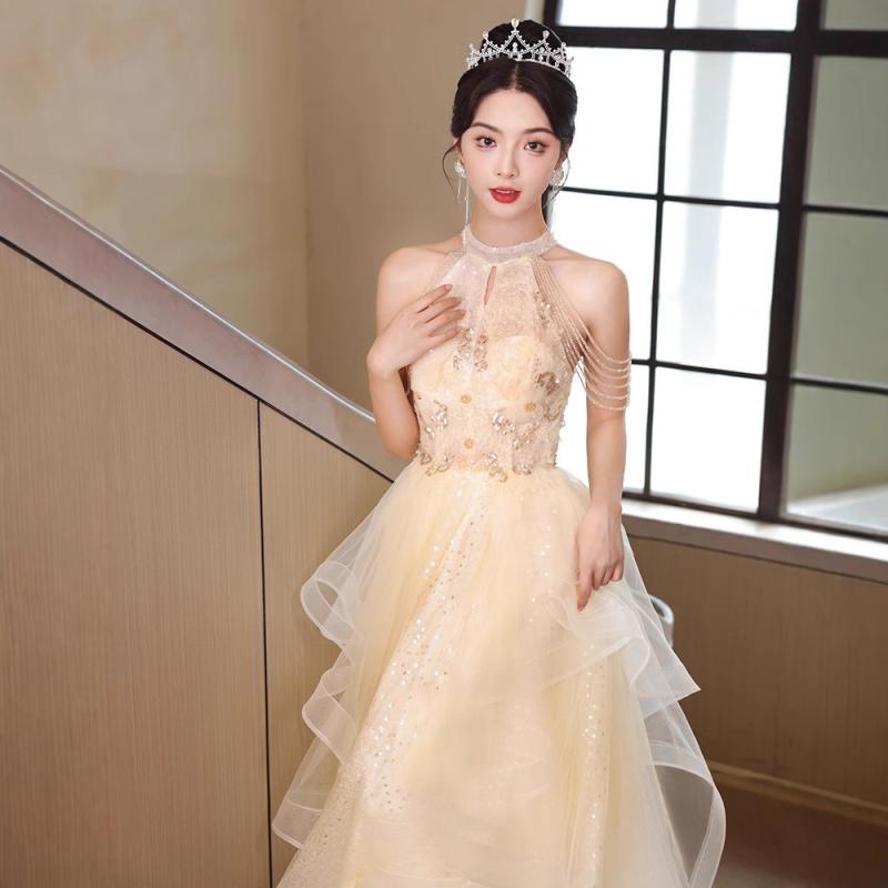 ロングドレス レディース 結婚式 演奏会 発表会 シャンパン ハイウエスト プリンセスライン ノースリーブ ロング丈 高級感 エレガント きれいめ 花嫁 フォーマル 春夏 Aライン マキシ丈 無地 上品 透け感 光沢感