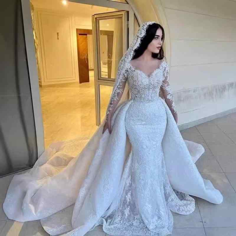 ウェディングドレス レディース 長袖 マーメイドライン レース 結婚式 披露宴 二次会 ホワイト 白 高級感 エレガント 上品 ハイウエスト ロング丈 ナチュラル ポリエステル ブライダル 花嫁衣装 マキシワンピース