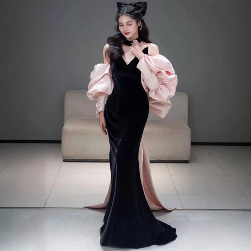 衣装 レディース ロング御召しもの 天鵞絨 キャミソール V素っ首 うしろ側受け答え 後押しあき シュロの葉 ご機嫌酉の方角 ギア マキシ丈 黒いこと 黒 サクラ色 飛び切り感 窈窕たる 華燭の典 交歓会 二次会 ノースリーブ