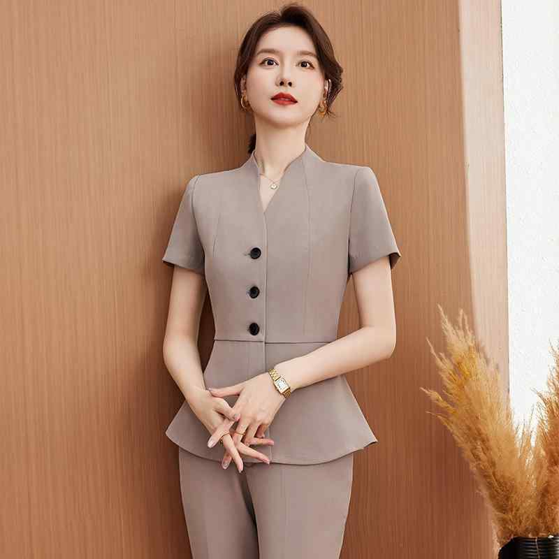 セットアップ レディース 春夏 半袖 スーツ ジャケット スカート パンツ 通勤 事務服 オフィス 上品 高級感 おしゃれ アプリコット ネイビー ブラック 綿混素材 レーヨン ポリエステル 伸縮性 ウォッシャブル