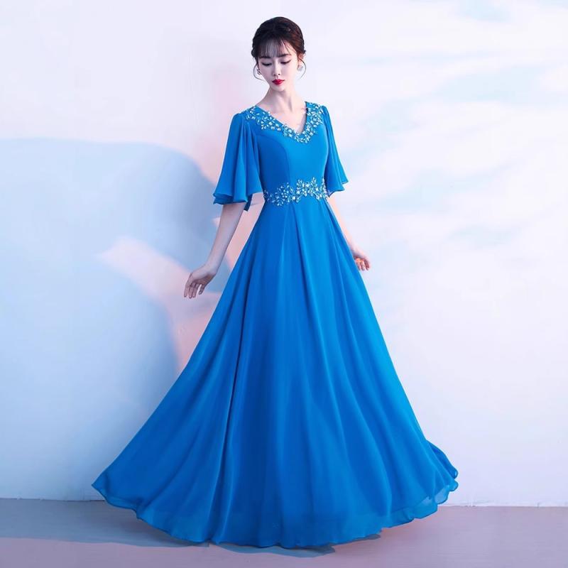 ドレス レディース ロング丈 合唱 演奏会 コンサート 春夏 半袖 Vネック ハイウエスト Aライン スパンコール ポリエステル キラキラ 舞台衣装 ステージ フォーマル 湖ブルー レッド あずき 高級感 上品 華やか