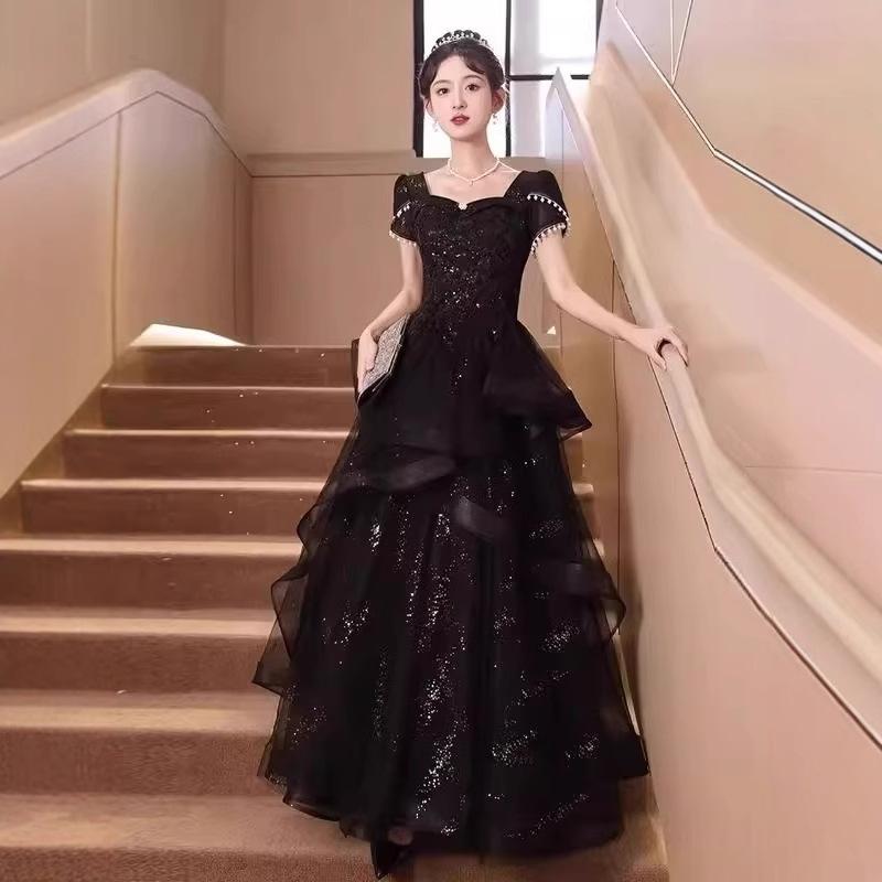 ドレス レディース スクエアネック ノースリーブ Aライン プリンセス 無地 ブラック パーティー 成人式 演奏会 上品 高級感 清楚 豪華 フォーマル ロング丈 フレア エレガント チュール シアー 背中見せ ウエスト切り替え 7,526円