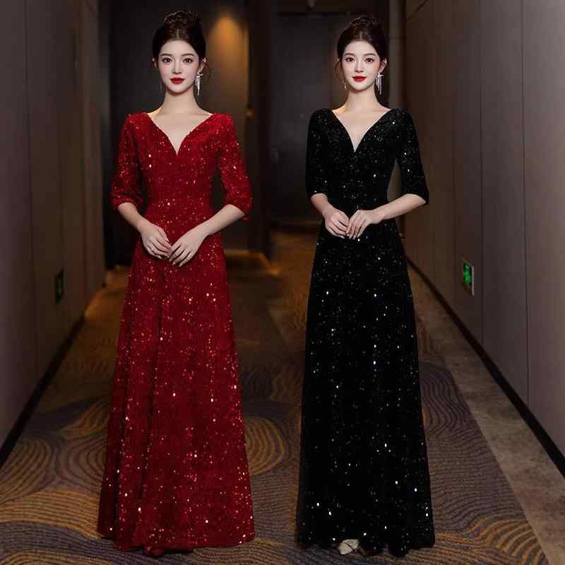 ドレス レディース ロングドレス パーティードレス イブニングドレス 演奏会 発表会 結婚式 スパンコール 高級感 上品 エレガント チュール Uネック 五分袖 着痩せ 細見え Aライン ロング丈 レッド ブラック