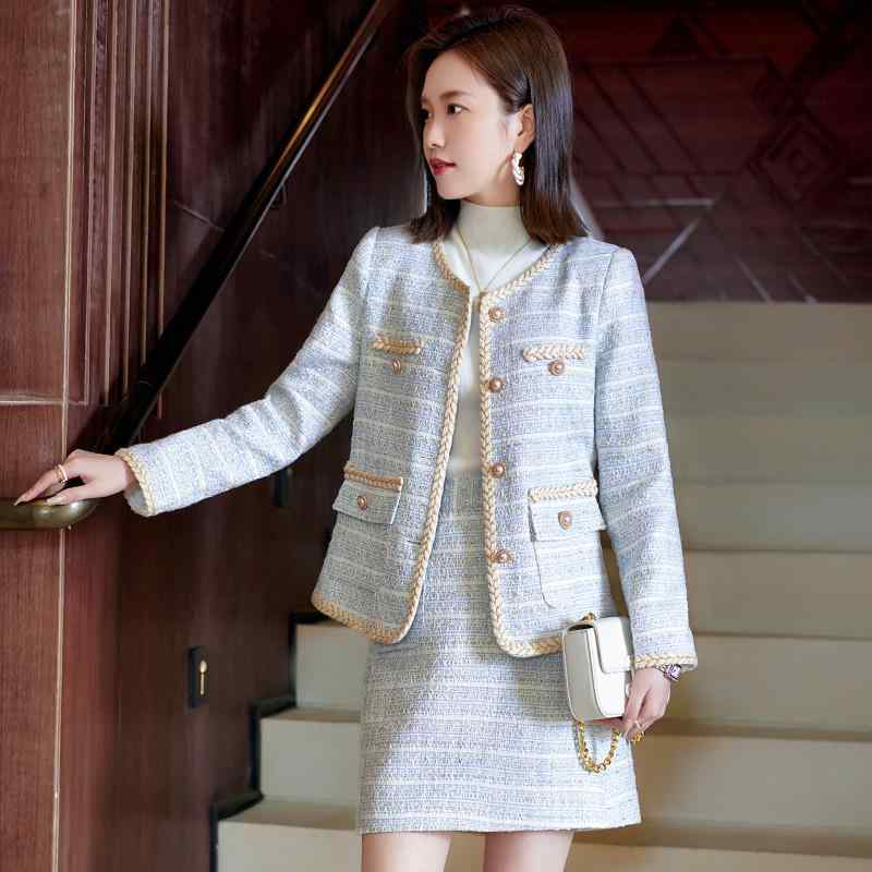 セットアップ レディース ツイードジャケット 膝丈スカート 婦人服 長袖 秋冬 きれいめ 上品 エレガント フォーマル 通勤 オフィス お呼ばれ 高級感 コットン混 ブルー ブラック 大きいサイズ おしゃれ スーツ