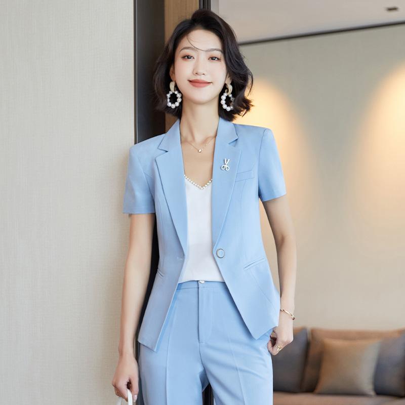 スーツ レディース セットアップ ビジネス用 パンツスタイル 春夏 長袖 テーラードジャケット スラックス 制服 通勤 高級感 きれいめ 大人 フォーマル スカイブルー パープル ブラック コットン混紡 無地 美容師