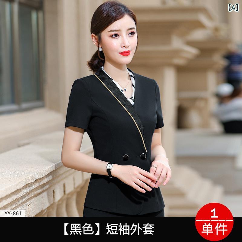 セットアップ レディース 事務服 オフィス ホテル 春夏 五分袖 パフスリーブ ジャケット スカート パンツ タイト スリム 細見え きれいめ 高級感 美脚 ブラック ブルー