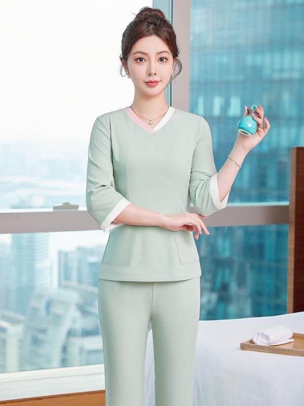セットアップ レディース 制服 ユニフォーム エステ マッサージ リラクゼーション 七分袖 パンツ スカート 施術着 スクラブ 春夏 伸縮性 ストレッチ ポリエステル エレガント 高級感 グリーン ブルー ピンク