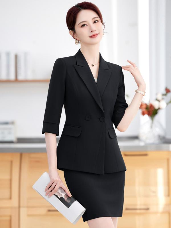 セットアップ レディース 春夏 パンツスーツ スカート テーラードジャケット 七分袖 オフィス 通勤 受付 事務服 ユニフォーム ストレッチ 伸縮性 シワになりにくい ブラック ブラウン 快適 礼服 大きいサイズ きれいめ