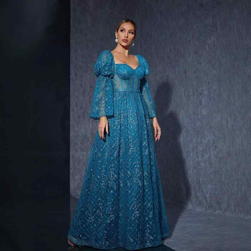 ドレス レディース ロングワンピース パーティー 結婚式 二次会 パフスリーブ フレア袖 花柄刺繍 Vネック Aライン マキシ丈 秋冬 ポリエステル 上品 エレガント フォーマル 高級感 個性的 清楚 華やか 透け感 フェミニン