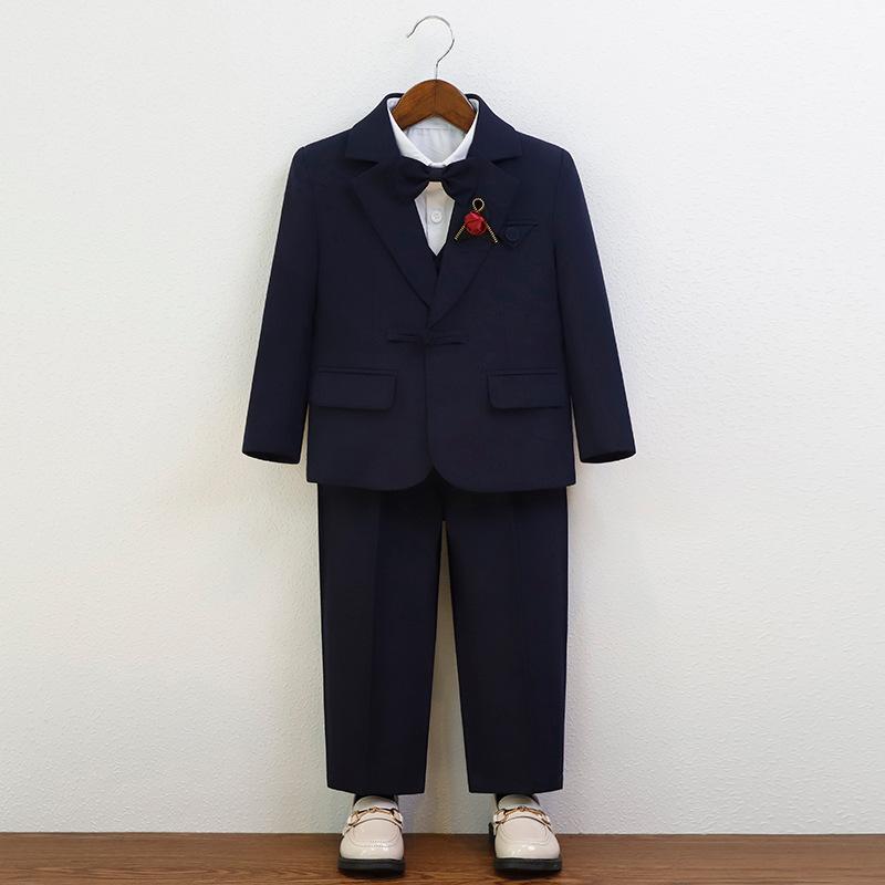 スーツ 男の子 キッズ 子供用 礼服 フォーマル セットアップ 英国風 結婚式 発表会 七五三 秋冬 Vネック 長袖 無地 高級感 グレー ネイビー 柔らかい ポリエステル ジャケット ベスト パンツ シャツ 蝶ネクタイ