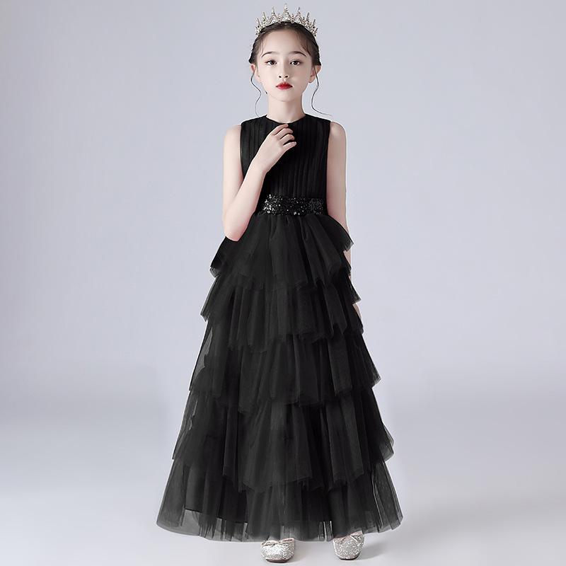 ドレス 女の子 キッズ ピアノ発表会 演奏会 結婚式 プリンセス ワンピース ロング フォーマル 子供服 高級感 ジュニア 黒 ワインレッド アイボリー ポリエステル チュール 華やか 袖なし フレア エレガント シフォン 上品