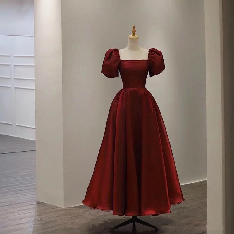 ドレス レディース ロング ワンピース マキシ丈 パフスリーブ スクエアネック Aライン 編み上げ 結婚式 披露宴 二次会 ブライダル 花嫁 着痩せ 細見え レトロ 春夏 クラシック 高級感 リネン 麻 ポリエステル ワインレッド