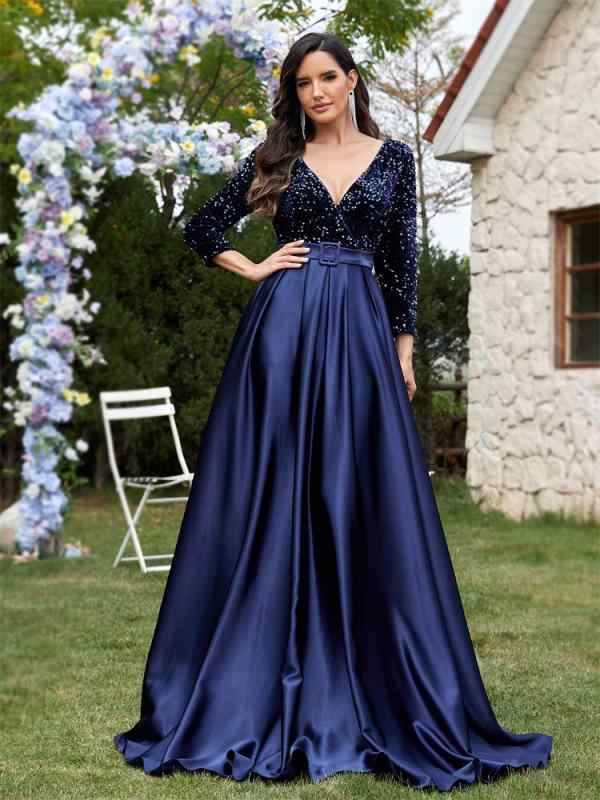 ロングドレス レディース Vネック スパンコール ベルベット ベロア 長袖 フレア Aライン エレガント 上品 結婚式 パーティー 演奏会 マキシ丈 ネイビー 紺 ワインレッド 春夏 大きいサイズ ポリエステル