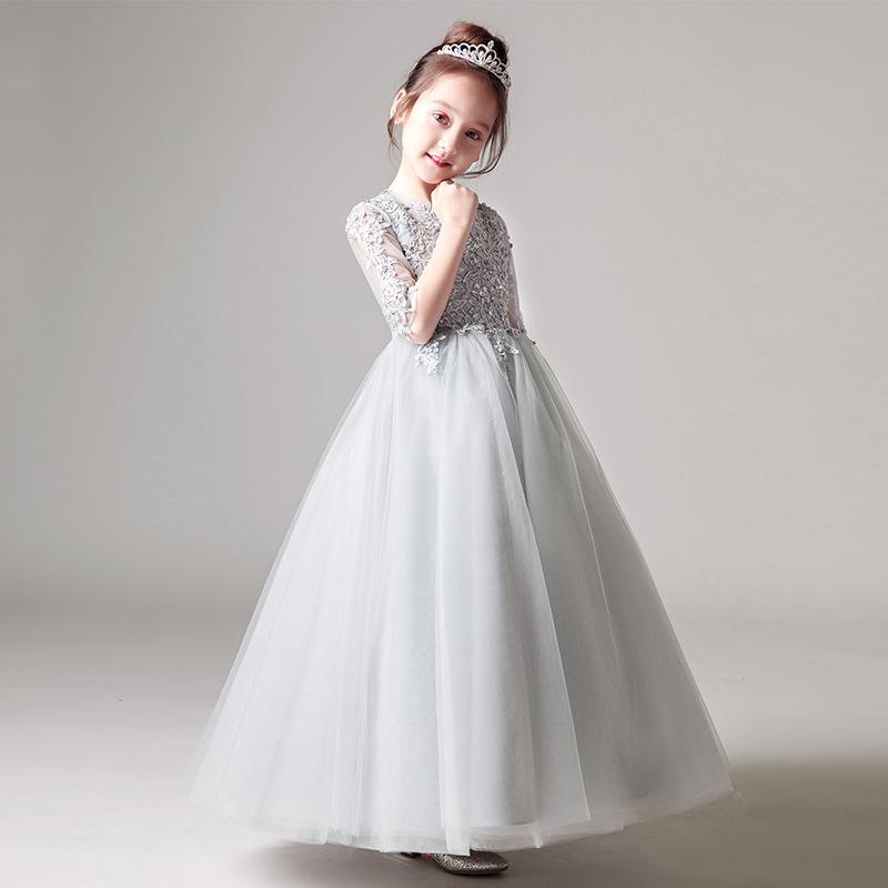 ドレス 女の子 発表会 結婚式 演奏会 ガールズ 子供用 ワンピース フォーマル プリンセス チュールスカート ふんわり ステージ衣装 豪華 ロング丈 ノースリーブ Aライン 高級感 レース 刺繍 裏地 ライトグレー