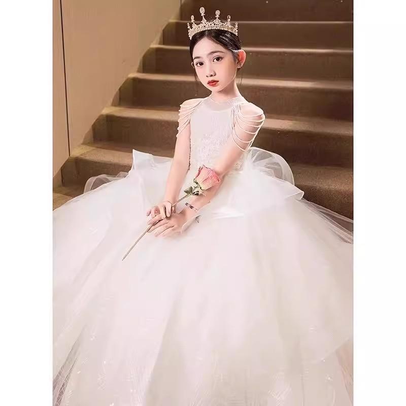 ドレス キッズ 女の子 結婚式 発表会 誕生日 ホワイト プリンセス フリンジ レース ワンピース フォーマル 子供服 ジュニア チュール Aライン 上品 高級感 かわいい おしゃれ 春夏 シフォン お呼ばれ 刺繍 膝丈