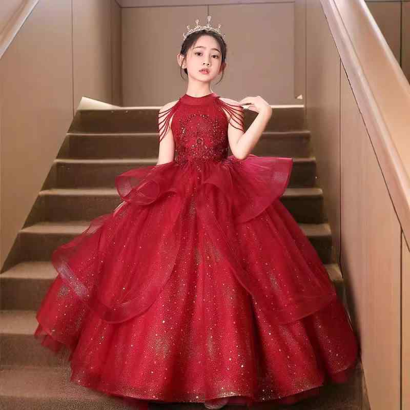 ドレス 女の子 子供用 キッズ ワンピース 発表会 結婚式 パーティー フォーマル 赤 レッド 高級感 タッセル フラワー 妖精 花びら かわいい おしゃれ 春夏 ジュニア 子供服 チュール お姫様 プリンセス レース