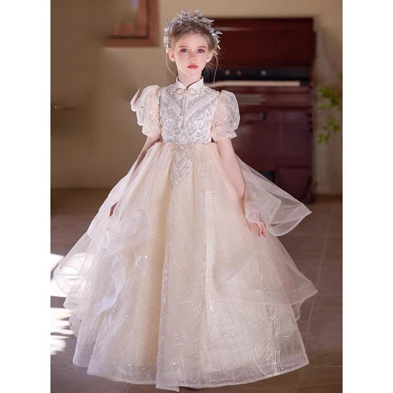 ドレス 女の子 キッズ フォーマル ワンピース 子供服 シャンパン スタンドカラー プリンセス フラワーガール 発表会 結婚式 演奏会 春夏 高級感 かわいい ポリエステル チュール フレア ノースリーブ 上品 裏地あり