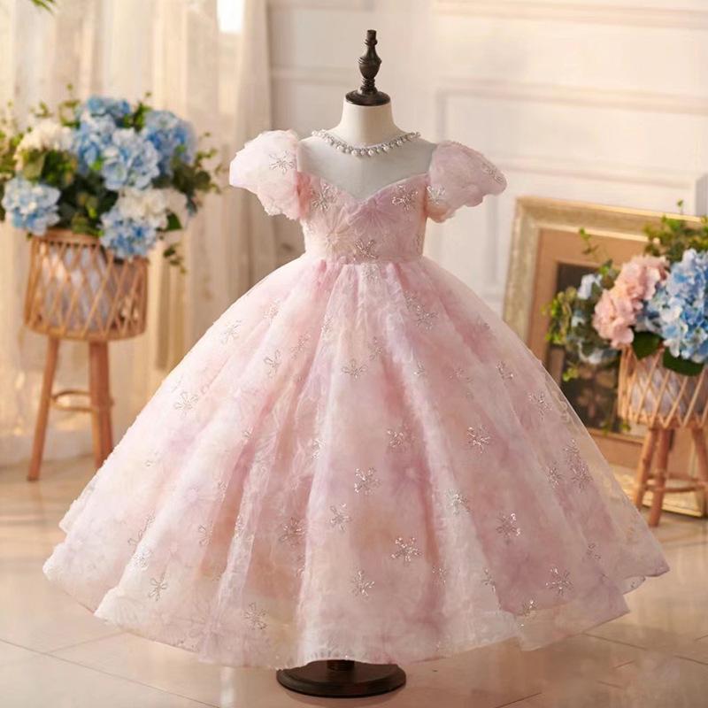 ドレス キッズ 女の子 ピンク 子供 ワンピース プリンセス 結婚式 発表会 演奏会 ピアノ 舞台衣装 お呼ばれ パーティー フォーマル ロング チュール レース Aライン かわいい ジュニア 七五三 ガーリー 上品 豪華