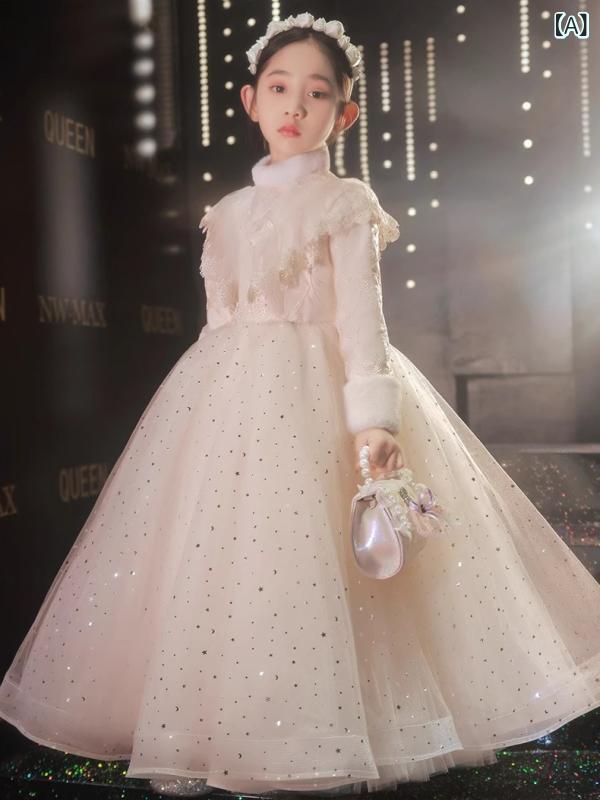 ドレス 女の子 キッズ 子供 発表会 結婚式 誕生日 プリンセス ワンピース フォーマル フラワーガール 厚手 秋冬 かわいい リボン レース チュール 刺繍 シャンパン 高級感 フレア 膝丈 裏地 チュチュ