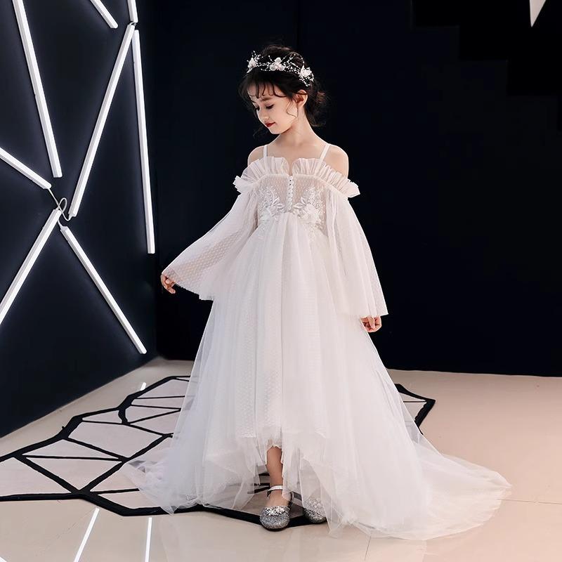 ドレス キッズ 女の子 子供服 フォーマル 発表会 結婚式 演奏会 オフショルダー 長袖 ロング トレーン パニエ ふんわり ボリューム プリンセス ホワイト 春秋 レース ポリエステル 高級感 かわいい 上品 華やか シフォン 透け感 裏地