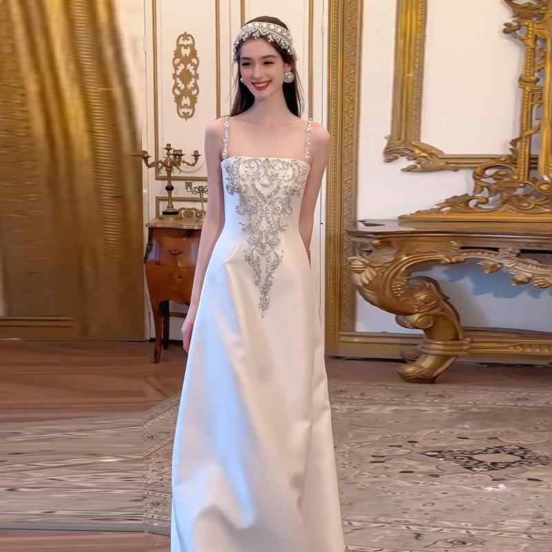 婚礼の儀お召しもの レディース 寄り合いお召しもの 婚礼の儀 二次会 映し絵婚礼の儀 レトロ 繻子 フレンチ 窈窕たる キャミソール 象牙色 象牙色 春夏 ロング丈 か細い ノースリーブ 軽さ 光輝感 窈窕たる レディースファッション-ドレス