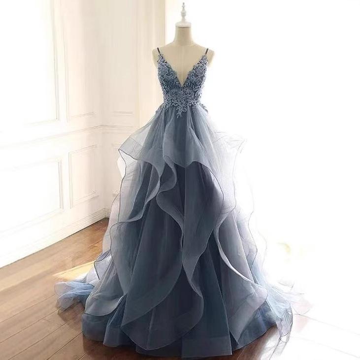 ロングドレス レディース コンサート 結婚式 春夏 ノースリーブ キャミソール ステージ衣装 声楽 ピアノ 司会 エレガント 清楚 高級感 森ガール風 ブルー チュール ポリエステル 編み上げ Aライン フレアスカート
