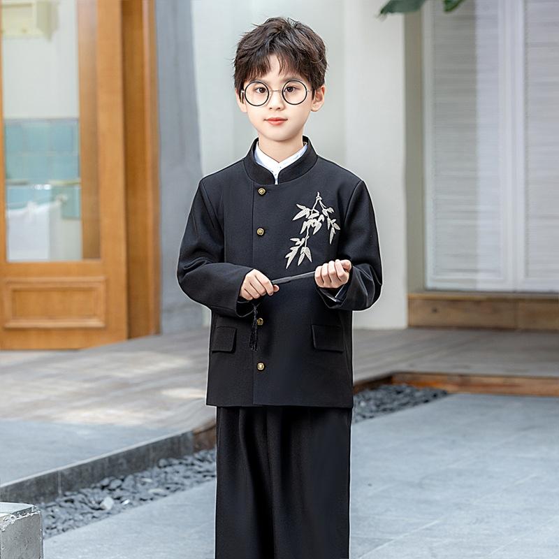 セットアップ 男の子 スーツ 礼服 フォーマルウェア 正装 キッズ 子供服 中華風 チャイナ風 スタンドカラー 立襟 レトロ 漢服風 長袖 ロングパンツ 発表会 結婚式 七五三 ポリエステル 秋冬 ブラック 冠婚葬祭 柔らかい 快適
