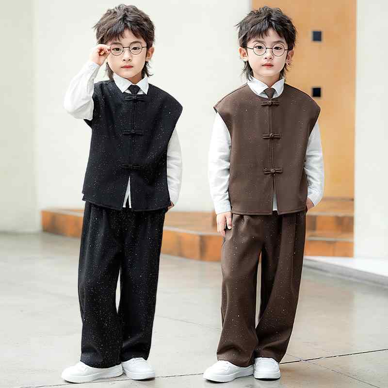 セットアップ 男の子 キッズ スーツ ベスト シャツ ズボン ロングパンツ ネクタイ チャイナ風 レトロ フォーマル 礼服 発表会 結婚式 七五三 立ち襟 春夏 ポリエステル 無地 柔らかい 高級感 黒 茶