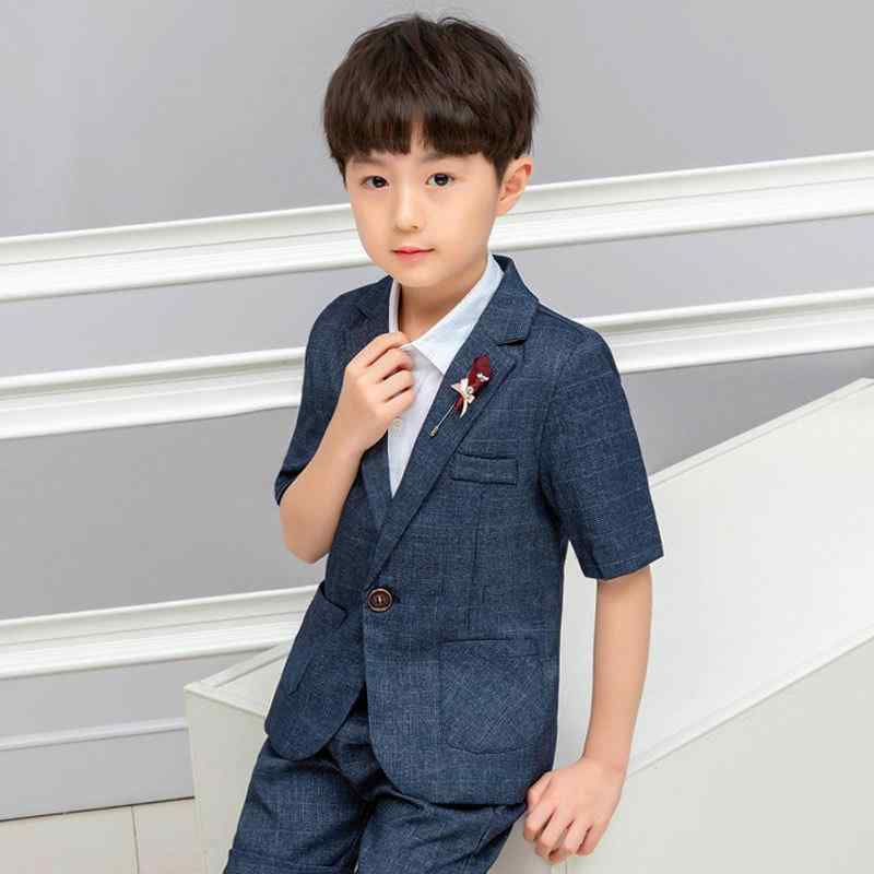 スーツ 男の子 春夏 セットアップ フォーマル ベスト シャツ 半袖 ハーフパンツ 発表会 結婚式 七五三 英国スタイル 礼装 綿 コットン ネイビー 紺 無地 冠婚葬祭 高級感 柔らかい キッズ 紳士風 かっこいい