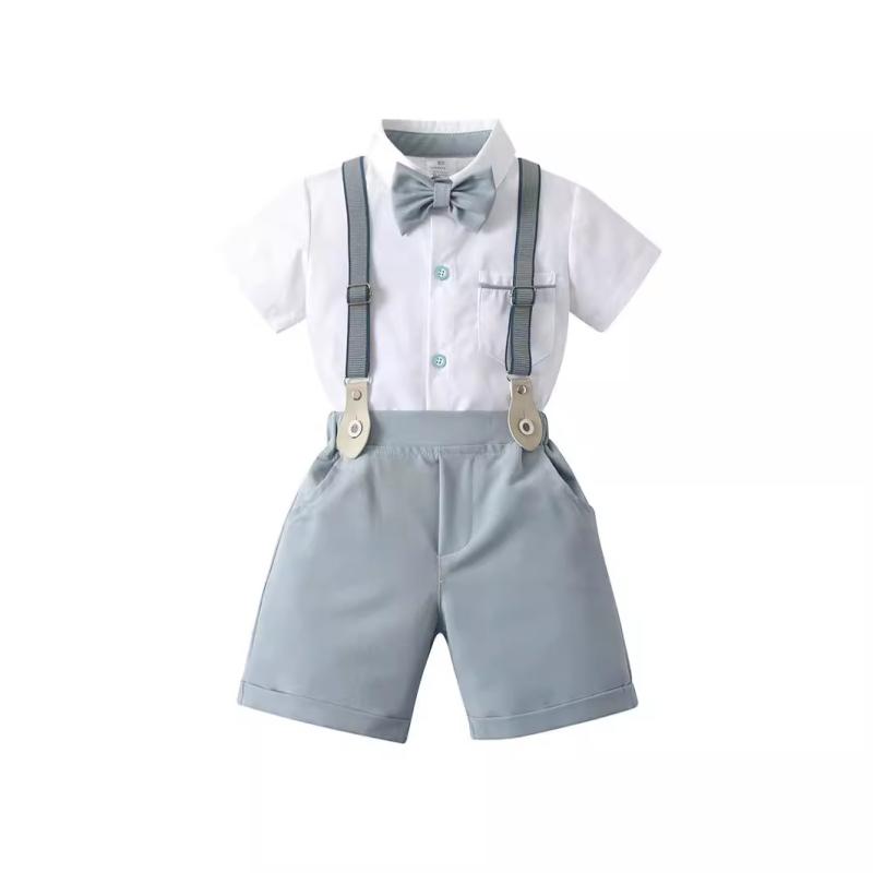 セットアップ 男の子 子供服 春夏 半袖 シャツ サロペット 短パン 半ズボン 上下セット 英国風 紳士服 フォーマル 結婚式 発表会 お出かけ 綿素材 柔らかい 吸汗 通気性 コットン ホワイト ブルー ベージュ かっこいい