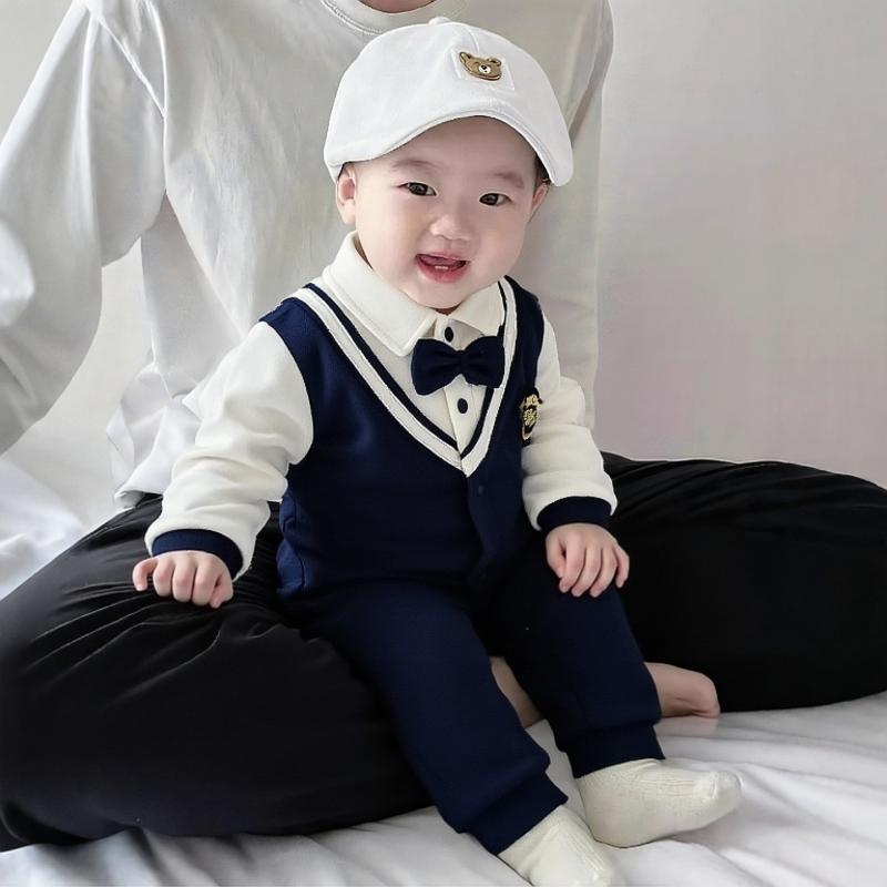 ロンパース ベビー 男の子 女の子 秋冬 紳士風 フォーマル タキシード 長袖 カバーオール コットン 綿 誕生日 結婚式 出産祝い 柔らかい 通気性 薄手 グレー ブルー 赤ちゃん 新生児 乳児 高級感 お出かけ