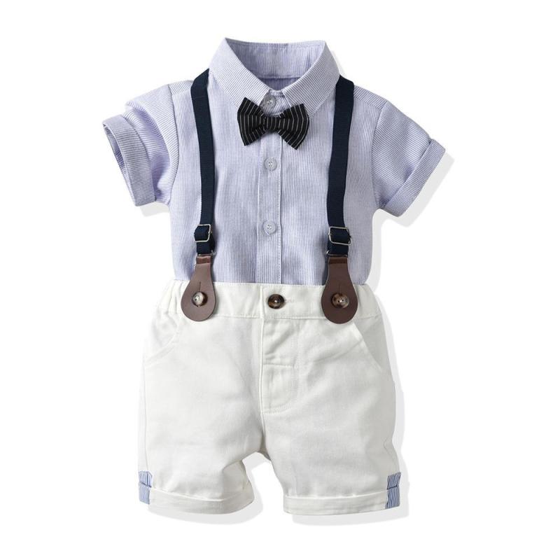 セットアップ 男の子 ベビー キッズ フォーマル 紳士服 礼服 英国風 ストライプ柄 半袖シャツ 半ズボン サスペンダー 春夏 ホワイト コットン 綿素材 通気性 柔らかい 結婚式 お呼ばれ 発表会 おしゃれ かわいい