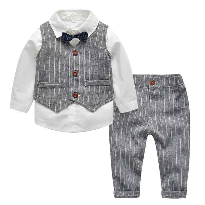 スーツ 男の子 ベビー キッズ 子供 セットアップ フォーマル 紳士風 長袖 シャツ ベスト 蝶ネクタイ ストライプ柄 綿 コットン 柔らかい 結婚式 入園式 七五三 春秋 グレー かっこいい おしゃれ