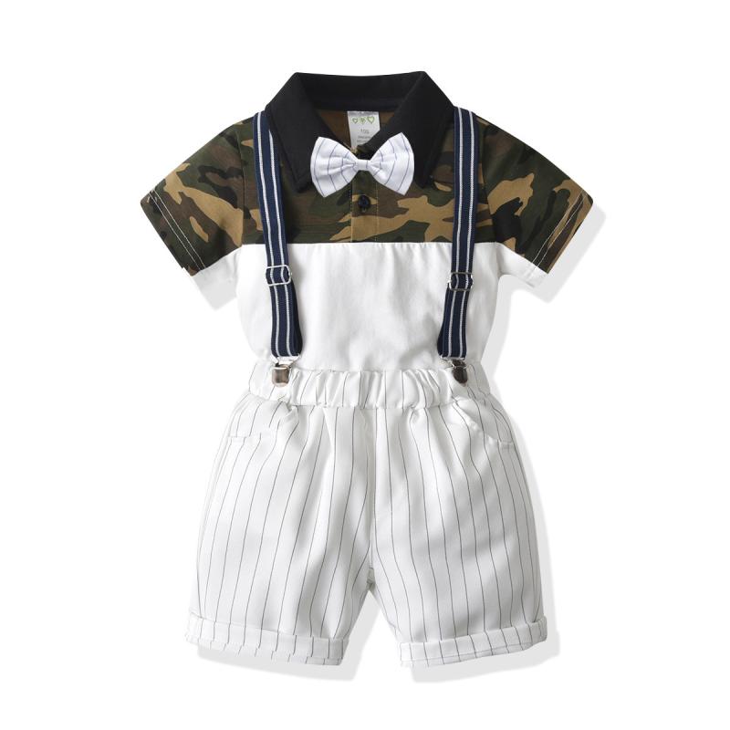セットアップ 男の子 キッズ 子供服 ベビー服 ポロシャツ 半袖 半ズボン サスペンダー 綿 コットン ニット 柔らかい 通気性 伸縮性 迷彩 切り替え 欧米風 カジュアル お出かけ 通園 普段使い 春夏 幼児 こども かっこいい