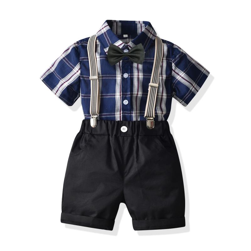 セットアップ 男の子 キッズウェア ベビー服 上下 半袖 シャツ ズボン 短パン サスペンダー 蝶ネクタイ チェック柄 英国風 フォーマル 結婚式 発表会 ブルー 春夏 綿 コットン 柔らかい 吸汗 通気性 おしゃれ かっこいい