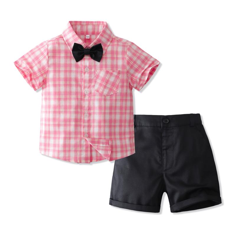 セットアップ 男の子 キッズ 子供服 シャツ 半ズボン ハーフパンツ 上下セット チェック柄 綿 コットン 通気性 襟 前開き 柔らかい 涼しい 韓国 カジュアル お出かけ 普段使い 春夏 ピンク ライトグリーン レモンイエロー